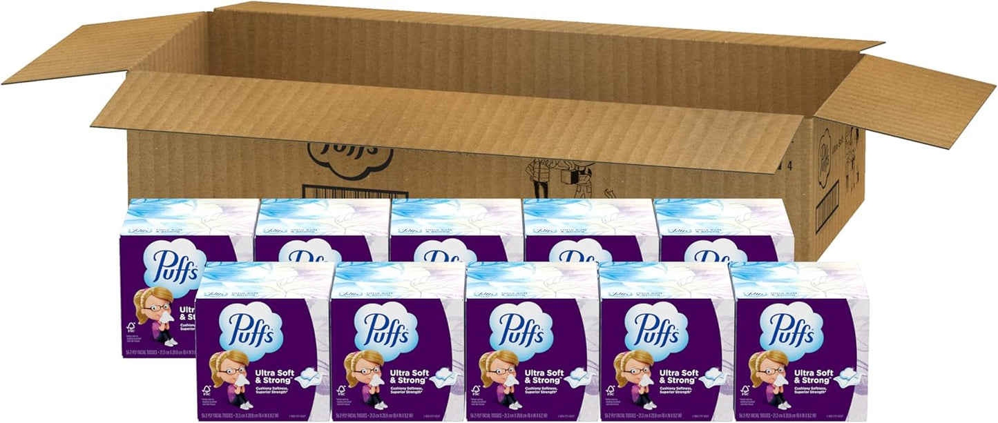 Puffs Facial Tissue Ultra Soft Non-Lotion, 10 Cube Boxes, 56 Facial Tissues per Box, Allergies and Colds (Packaging May Vary)